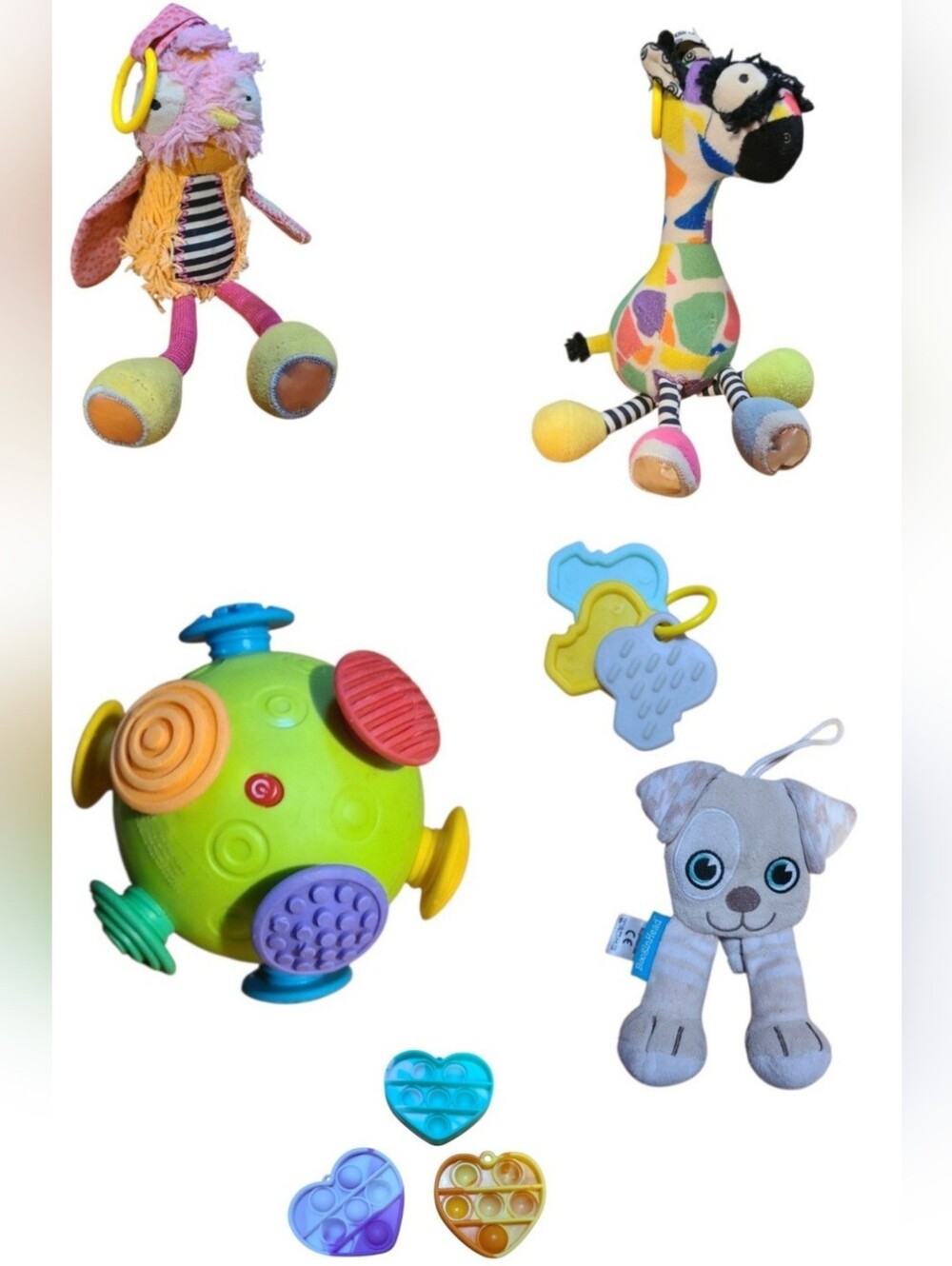 Baby Rattler Soft Sensory Toys/Fidget Pop/Teether & Pacifier Leash Bundle